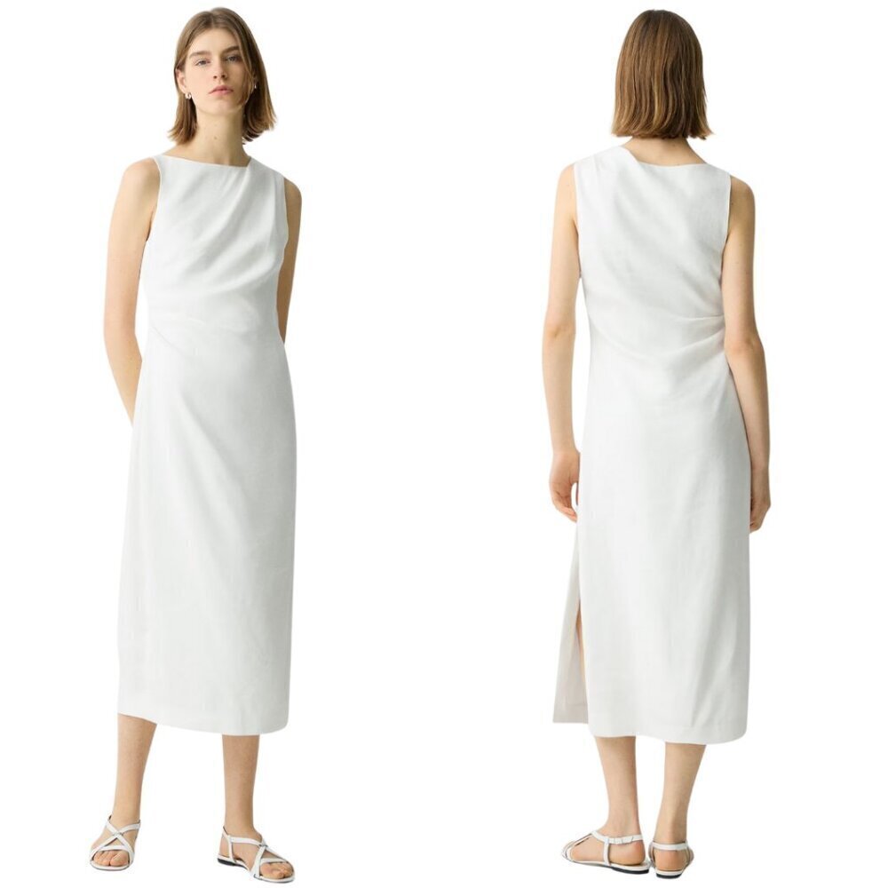 Theory Draped Midi Dress in Linen Viscose Women's 12 White Slit Minimalist NWT